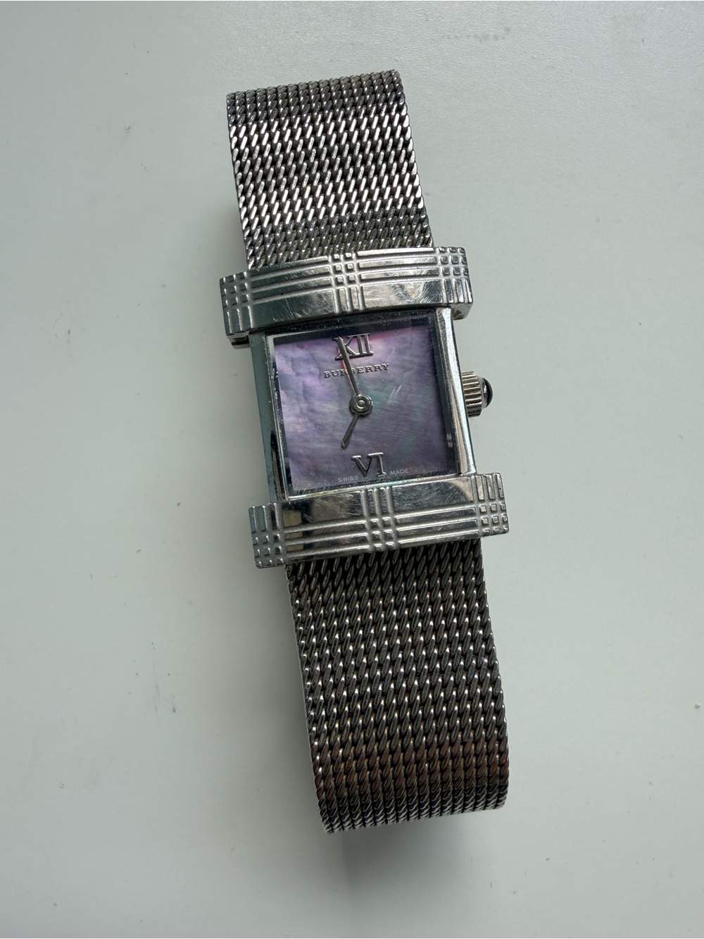 Burberry Silver Mesh Bracelet Watch with Light Purple Mother-of-Pearl Dial